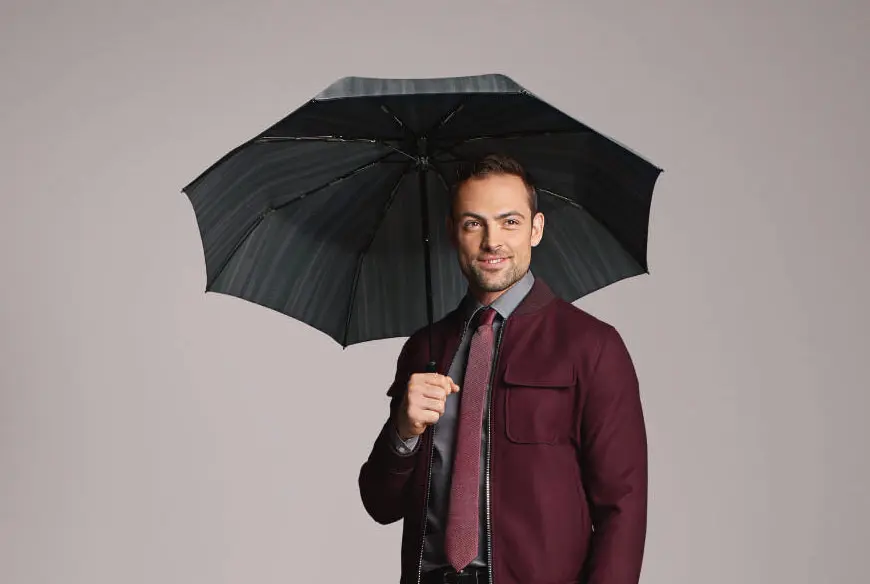 Mężczyzna prezentujący krótki parasol automatyczny Knirps