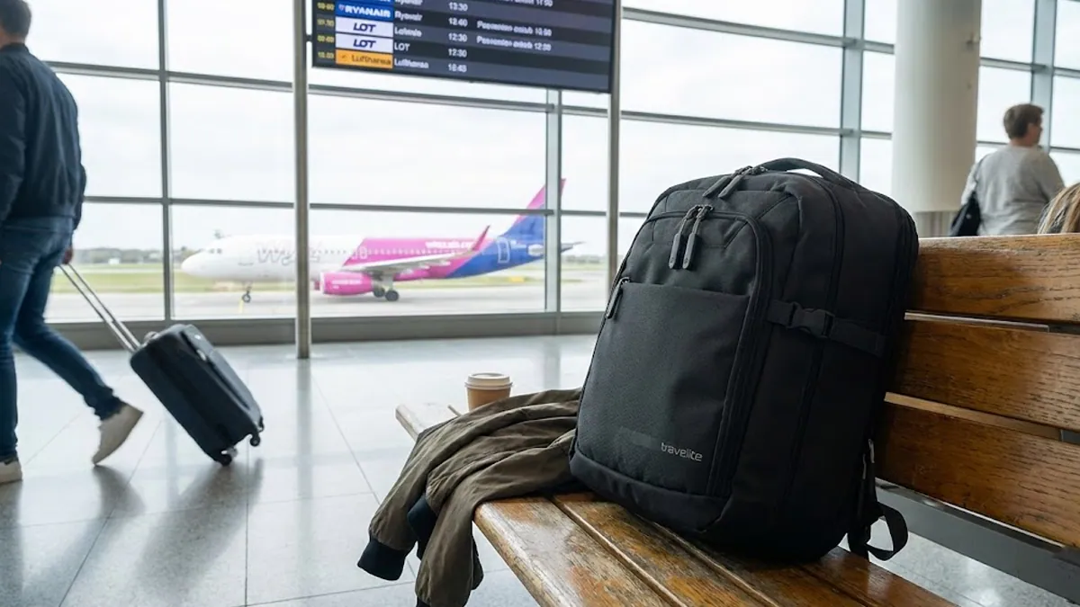 Plecak Kick OFF leżący na ławce na lotnisku